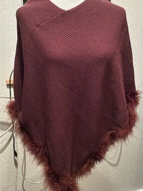 Women’s Faux-Fur Trim Knit Poncho Sweater. Brown. Nice. Soft.